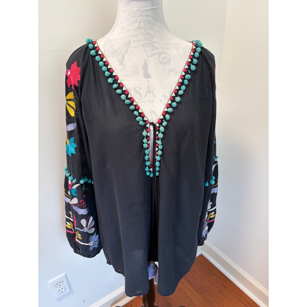 Figue Embroidered Peasant Blouse Womens OS Boho Pom Pom Balloon Sleeve Black - Picture 3 of 7
